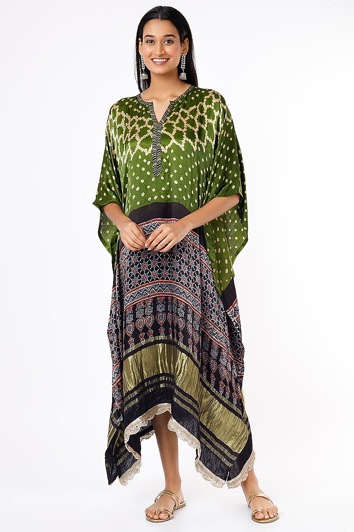 Mehndi Green To Blue Silk Printed Kaftan by Meghna Panchmatia at Pernia's Pop Up Shop