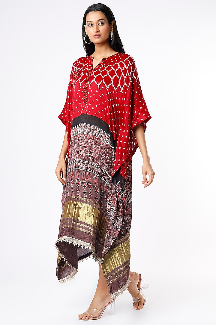 Red To Blue Silk Printed Kaftan by Meghna Panchmatia at Pernia's Pop Up Shop