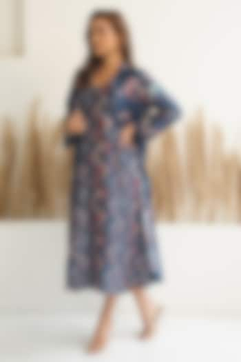 Navy Blue Silk Floral Printed Jacket Dress by Meghna Panchmatia at Pernia's Pop Up Shop