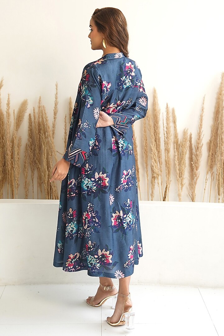 Navy Blue Silk Floral Printed Jacket Vacation Dress by Meghna Panchmatia at Pernia's Pop Up Shop