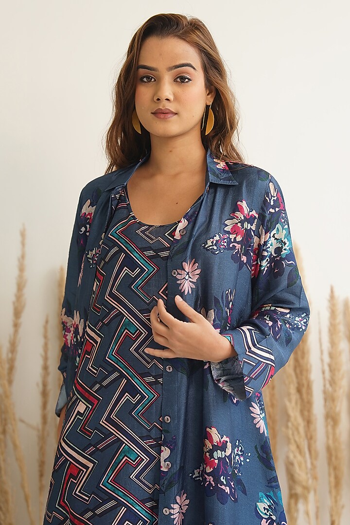 Navy Blue Silk Floral Printed Jacket Vacation Dress by Meghna Panchmatia at Pernia's Pop Up Shop