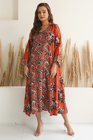 Red Silk Floral Printed Jacket Dress by Meghna Panchmatia