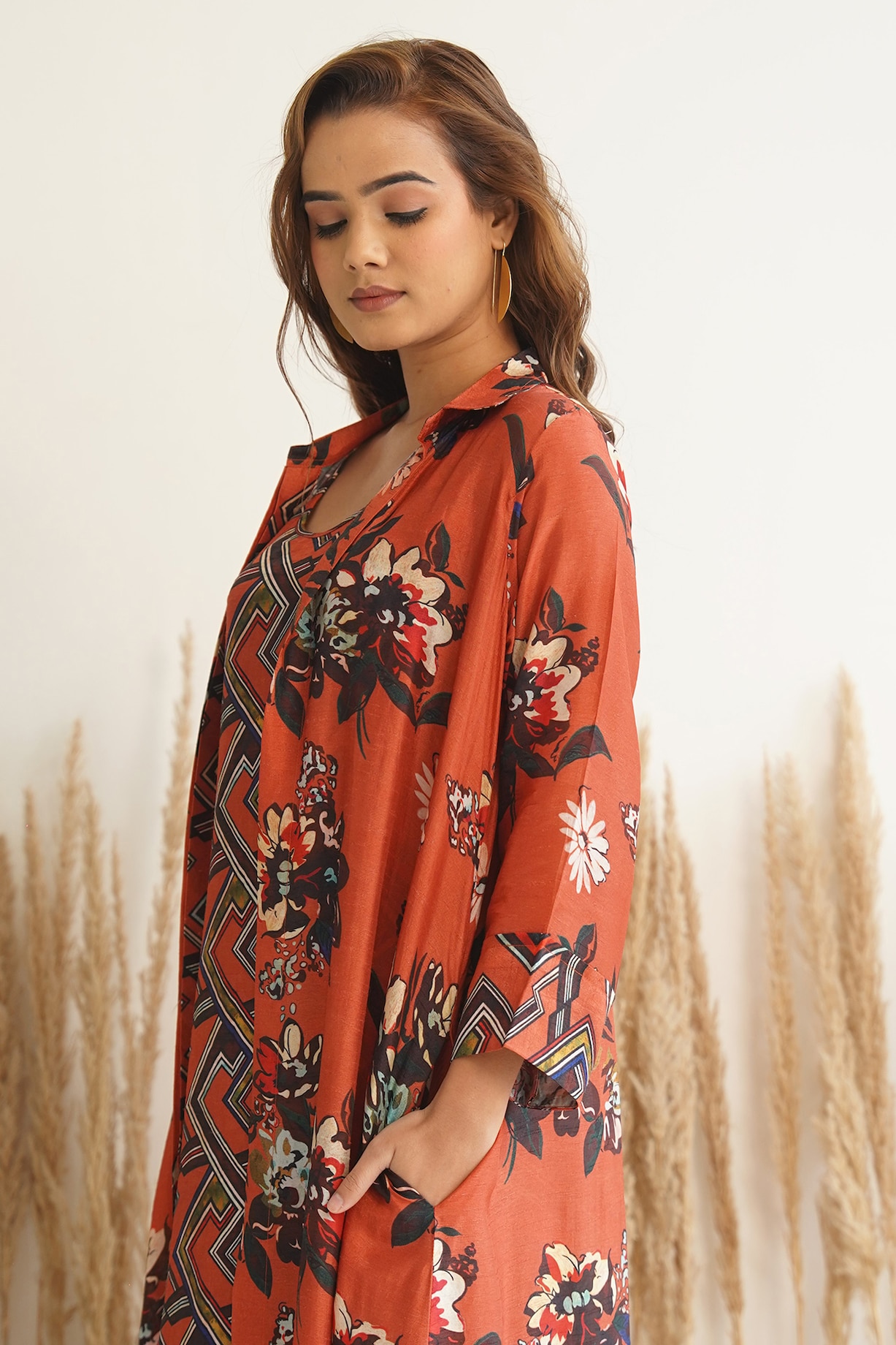 Red Silk Floral Printed Jacket Dress by Meghna Panchmatia at