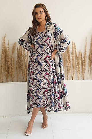 Beige Silk Floral Printed Jacket Dress by Meghna Panchmatia