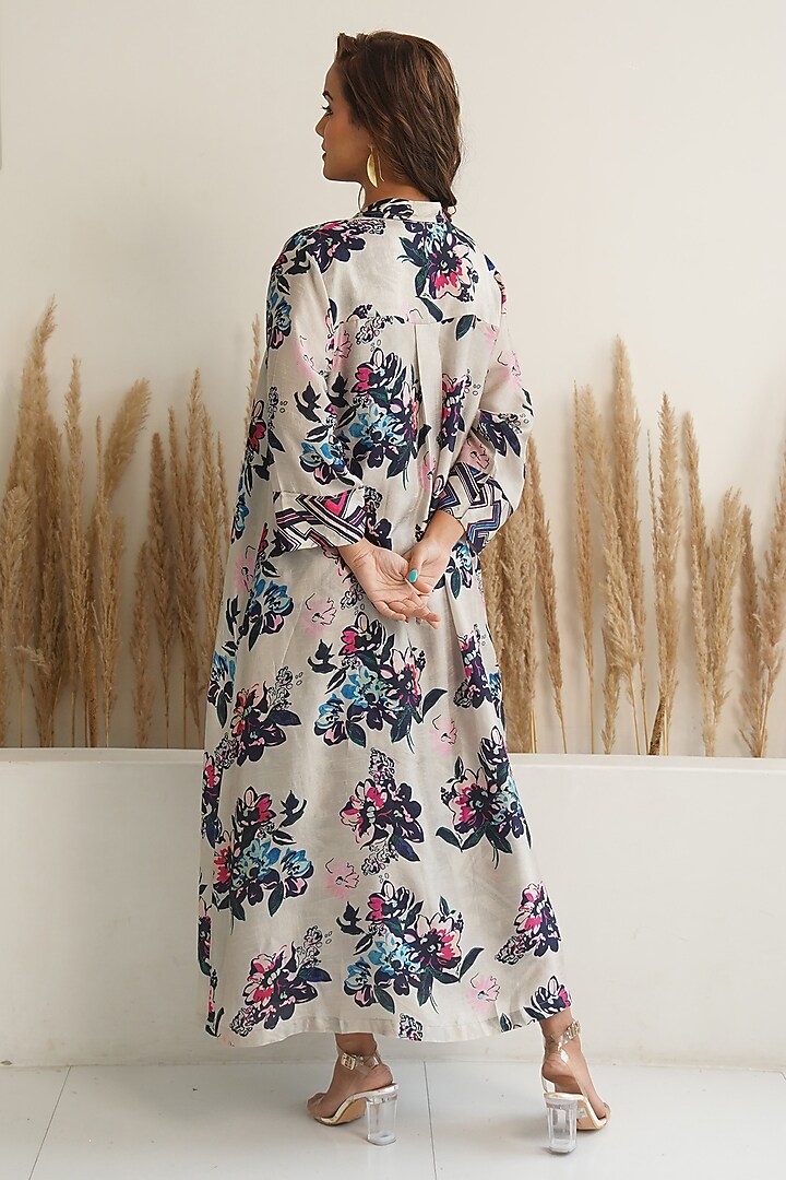 Beige Silk Floral Printed Jacket Vacation Dress by Meghna Panchmatia at Pernia's Pop Up Shop