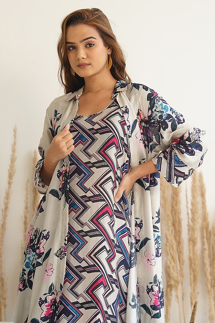 Beige Silk Floral Printed Jacket Vacation Dress by Meghna Panchmatia at Pernia's Pop Up Shop