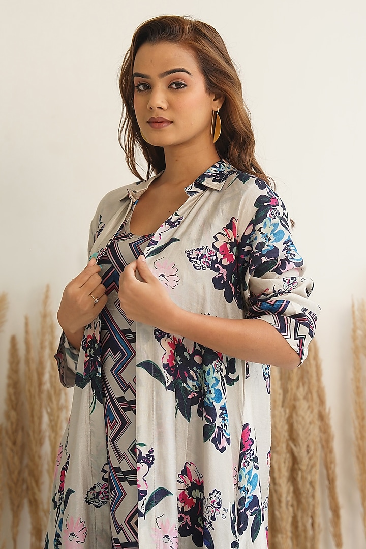 Beige Silk Floral Printed Jacket Vacation Dress by Meghna Panchmatia at Pernia's Pop Up Shop