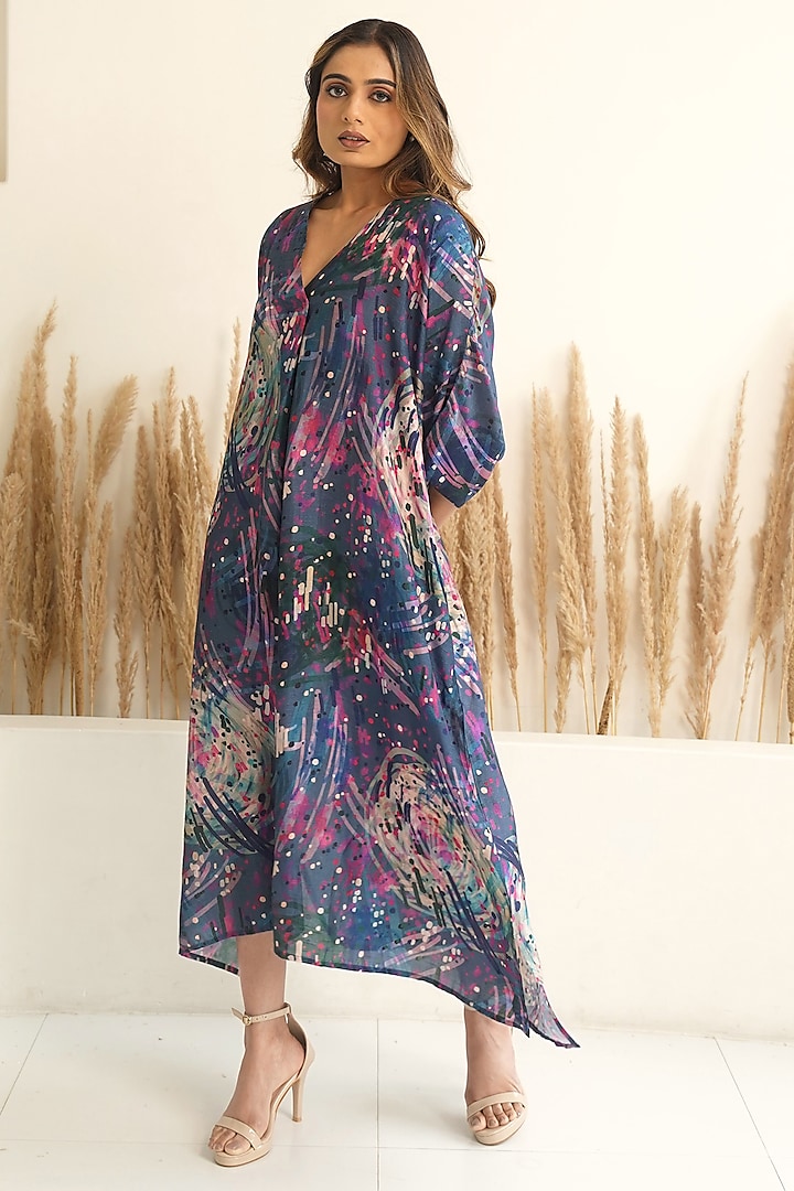 Navy Blue Silk Abstract Printed Kaftan by Meghna Panchmatia at Pernia's Pop Up Shop