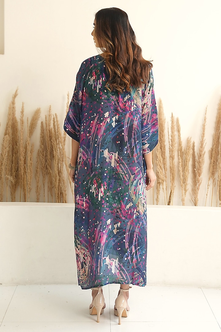 Navy Blue Silk Abstract Printed Kaftan by Meghna Panchmatia at Pernia's Pop Up Shop