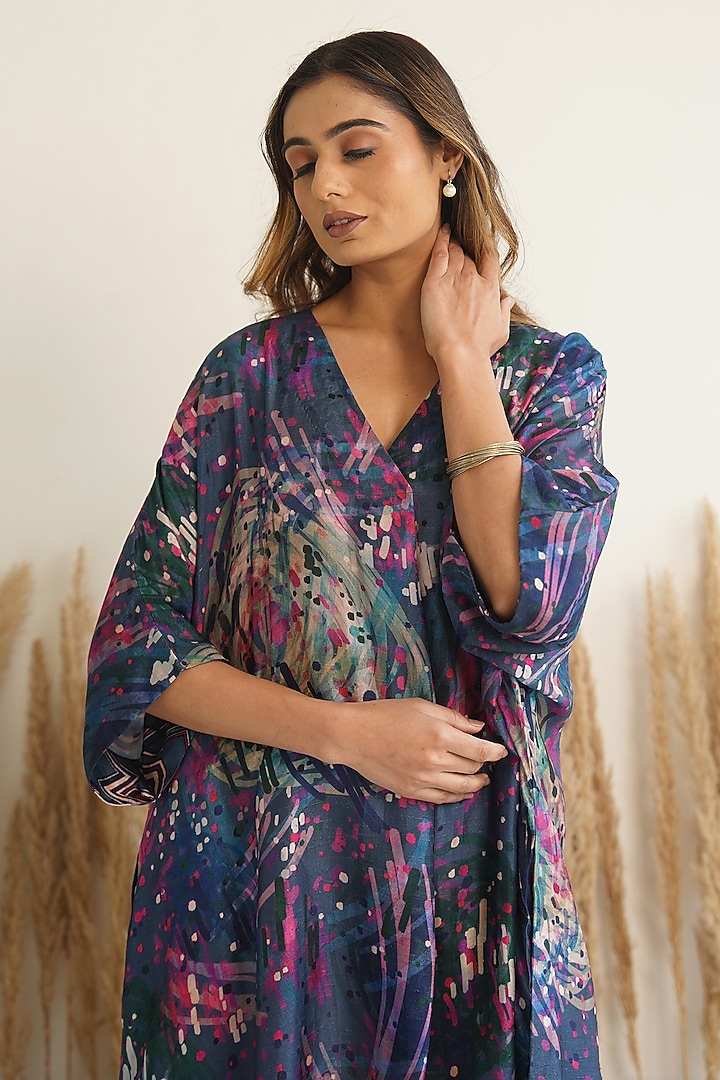 Navy Blue Silk Abstract Printed Kaftan by Meghna Panchmatia at Pernia's Pop Up Shop