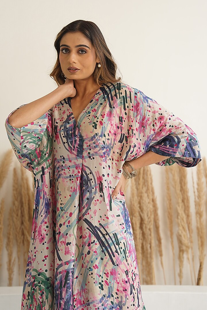 Ivory Silk Abstract Printed Kaftan by Meghna Panchmatia at Pernia's Pop Up Shop