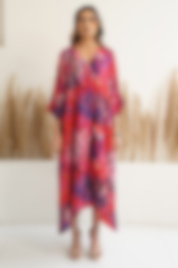 Red Silk Abstract Printed Kaftan by Meghna Panchmatia at Pernia's Pop Up Shop