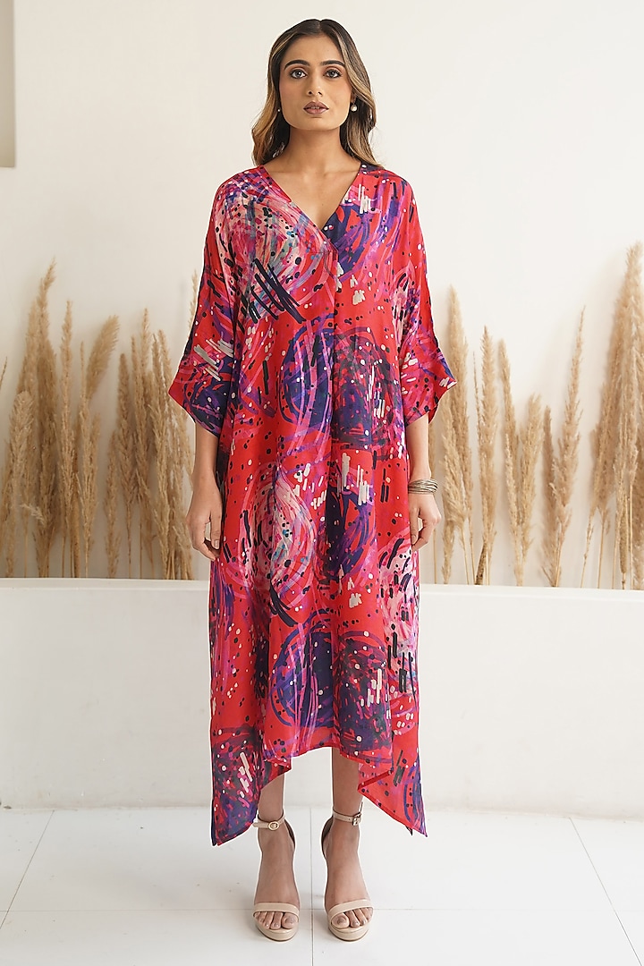 Red Silk Abstract Printed Kaftan by Meghna Panchmatia at Pernia's Pop Up Shop