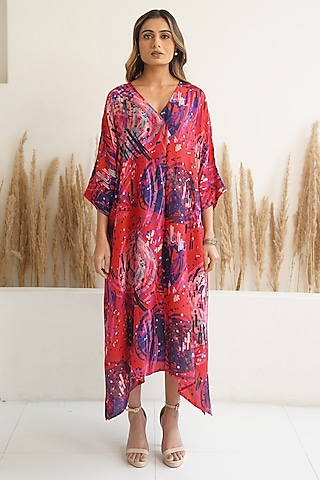 Red Silk Abstract Printed Kaftan by Meghna Panchmatia