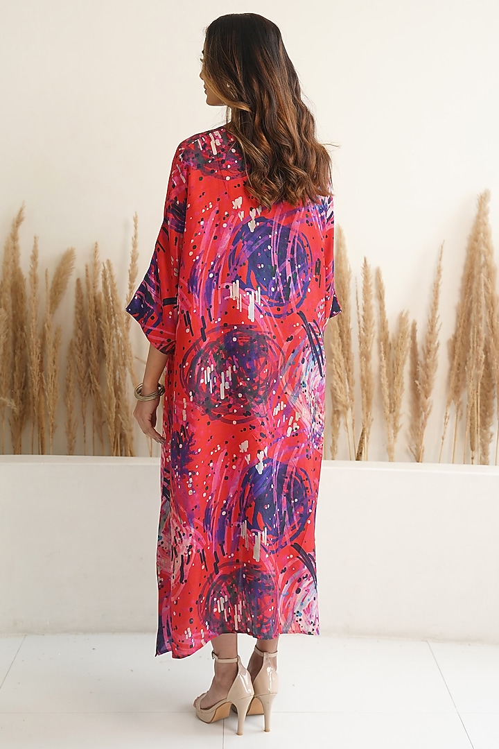 Red Silk Abstract Printed Kaftan by Meghna Panchmatia at Pernia's Pop Up Shop