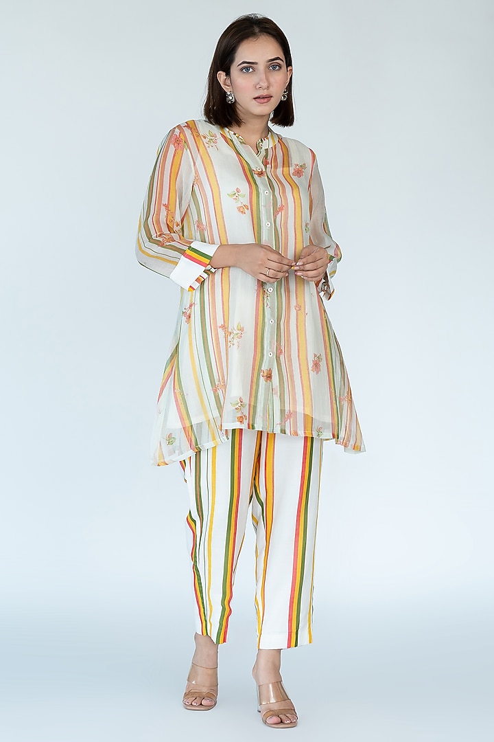 Ivory Silk Chanderi Stripes & Floral Printed Co-Ord Set by Meghna Panchmatia at Pernia's Pop Up Shop