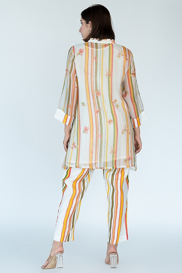 Ivory Silk Chanderi Stripes & Floral Printed Co-Ord Set by Meghna Panchmatia at Pernia's Pop Up Shop
