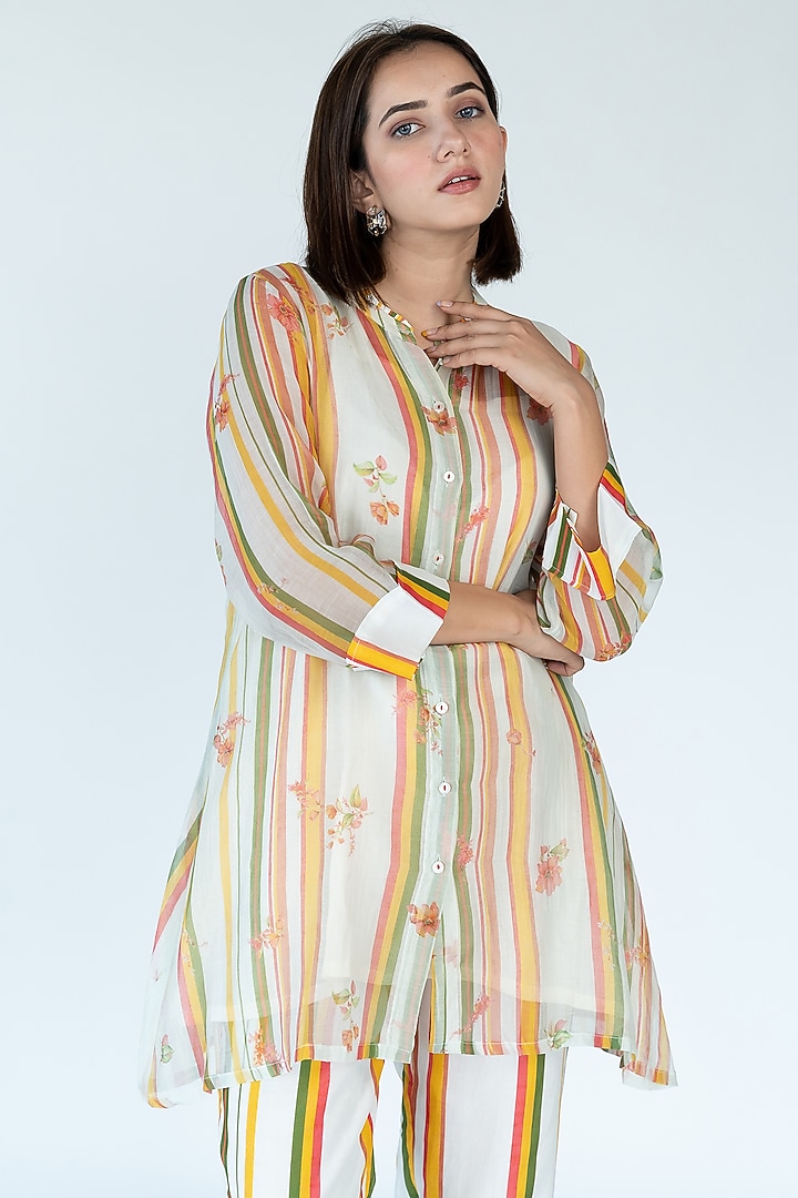 Ivory Silk Chanderi Stripes & Floral Printed Co-Ord Set by Meghna Panchmatia at Pernia's Pop Up Shop