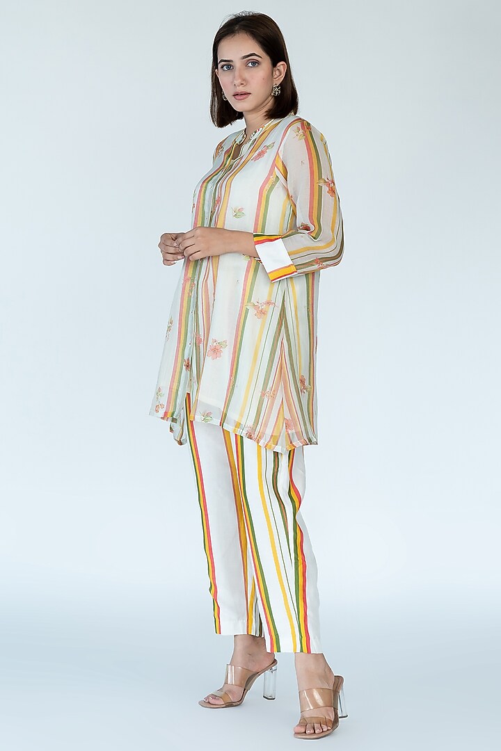 Ivory Silk Chanderi Stripes & Floral Printed Co-Ord Set by Meghna Panchmatia at Pernia's Pop Up Shop