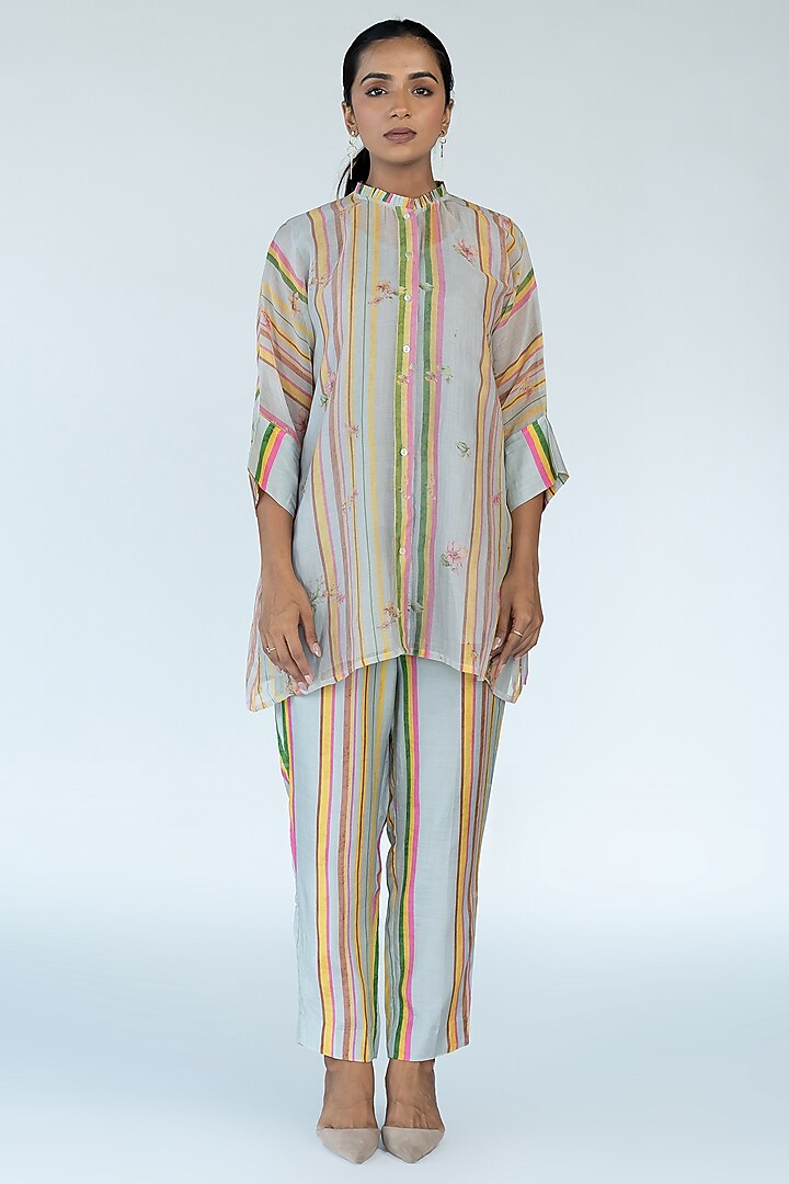 Grey Silk Chanderi Stripes & Floral Printed Co-Ord Set by Meghna Panchmatia at Pernia's Pop Up Shop