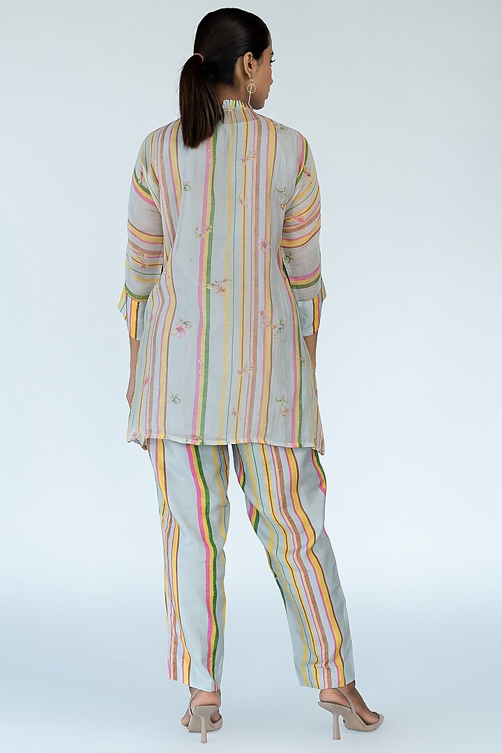 Grey Silk Chanderi Stripes & Floral Printed Co-Ord Set by Meghna Panchmatia at Pernia's Pop Up Shop