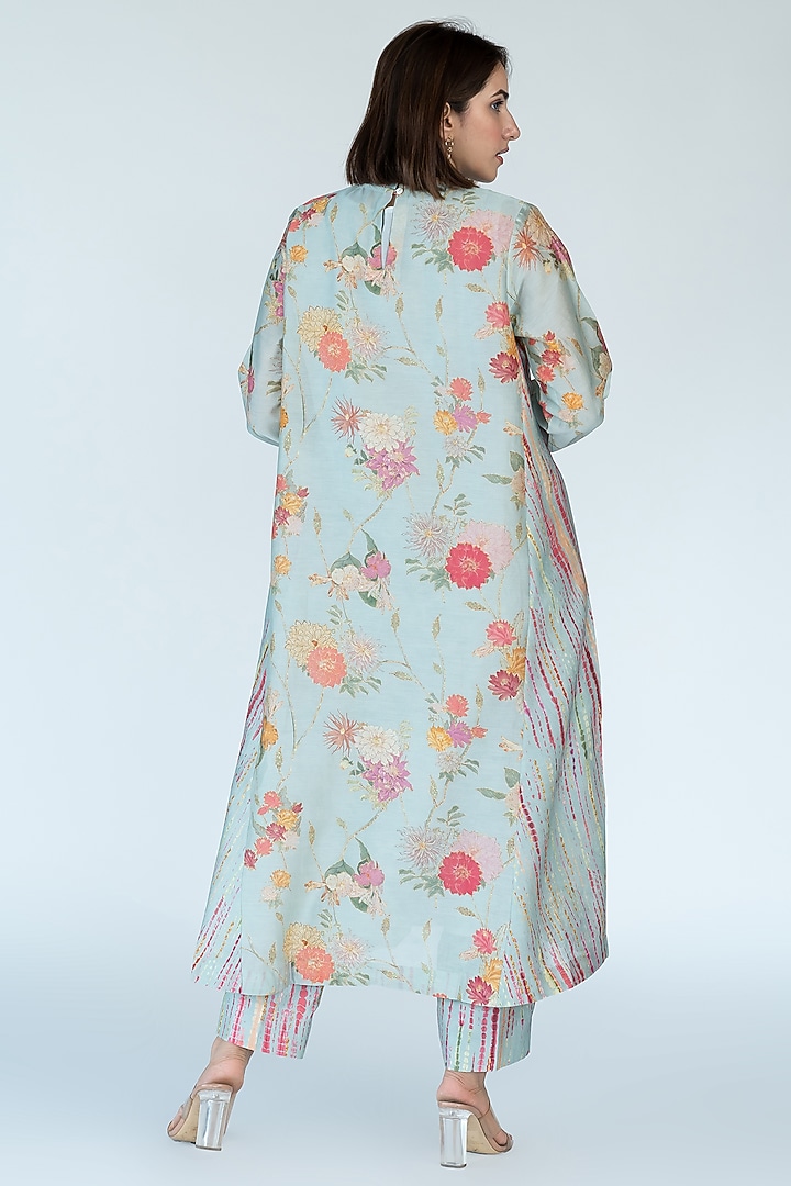 Blue Silk Chanderi Floral Printed Kurta Set by Meghna Panchmatia at Pernia's Pop Up Shop