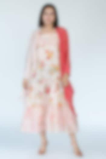 Salmon Pink Silk Chanderi Floral Printed Dress With Cape by Meghna Panchmatia at Pernia's Pop Up Shop