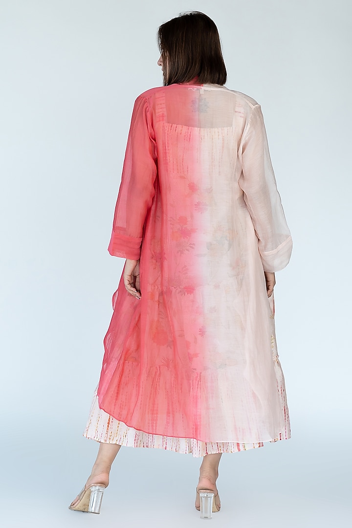 Salmon Pink Silk Chanderi Floral Printed Vacation Dress With Cape by Meghna Panchmatia at Pernia's Pop Up Shop
