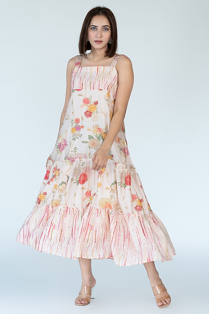 Salmon Pink Silk Chanderi Floral Printed Vacation Dress With Cape by Meghna Panchmatia at Pernia's Pop Up Shop