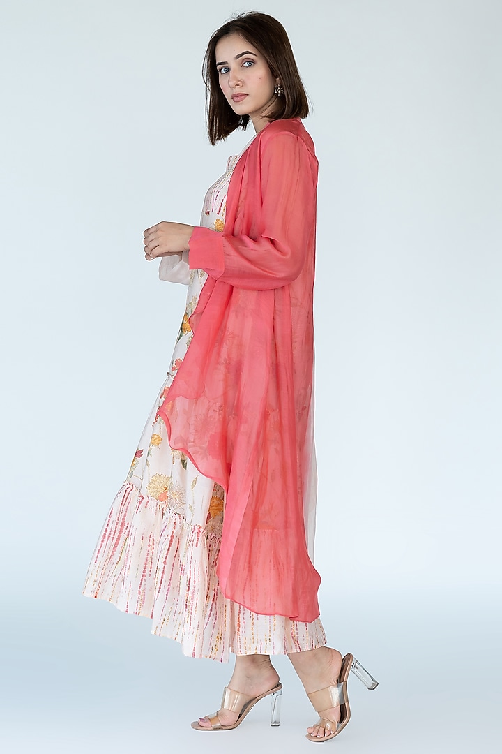Salmon Pink Silk Chanderi Floral Printed Vacation Dress With Cape by Meghna Panchmatia at Pernia's Pop Up Shop