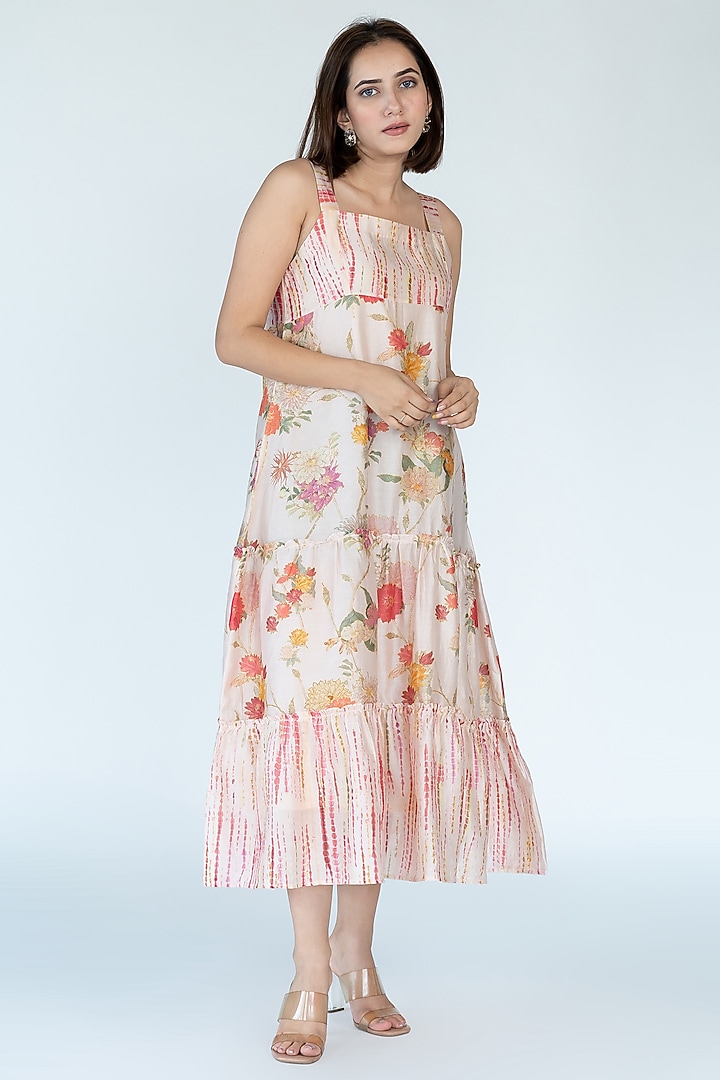 Salmon Pink Silk Chanderi Floral Printed Vacation Dress With Cape by Meghna Panchmatia at Pernia's Pop Up Shop
