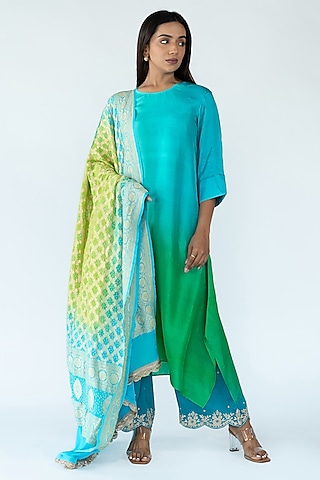 Bright Green & Peacock Blue Pure Silk Ombre Asymmetrical Kurta With Dupatta by Meghna Panchmatia