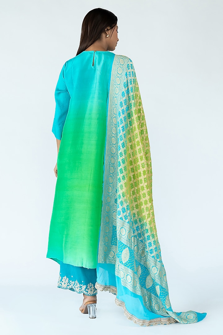 Bright Green & Peacock Blue Pure Silk Ombre Asymmetrical Kurta With Dupatta by Meghna Panchmatia at Pernia's Pop Up Shop