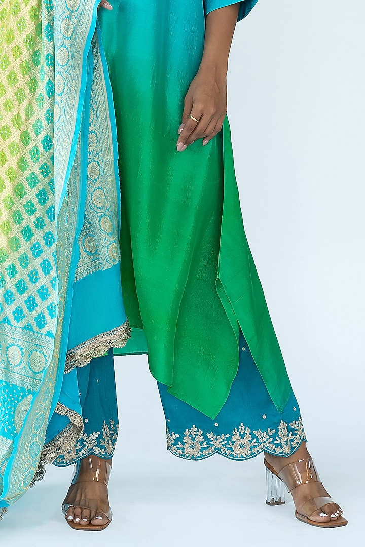 Bright Green & Peacock Blue Pure Silk Ombre Asymmetrical Kurta With Dupatta by Meghna Panchmatia at Pernia's Pop Up Shop
