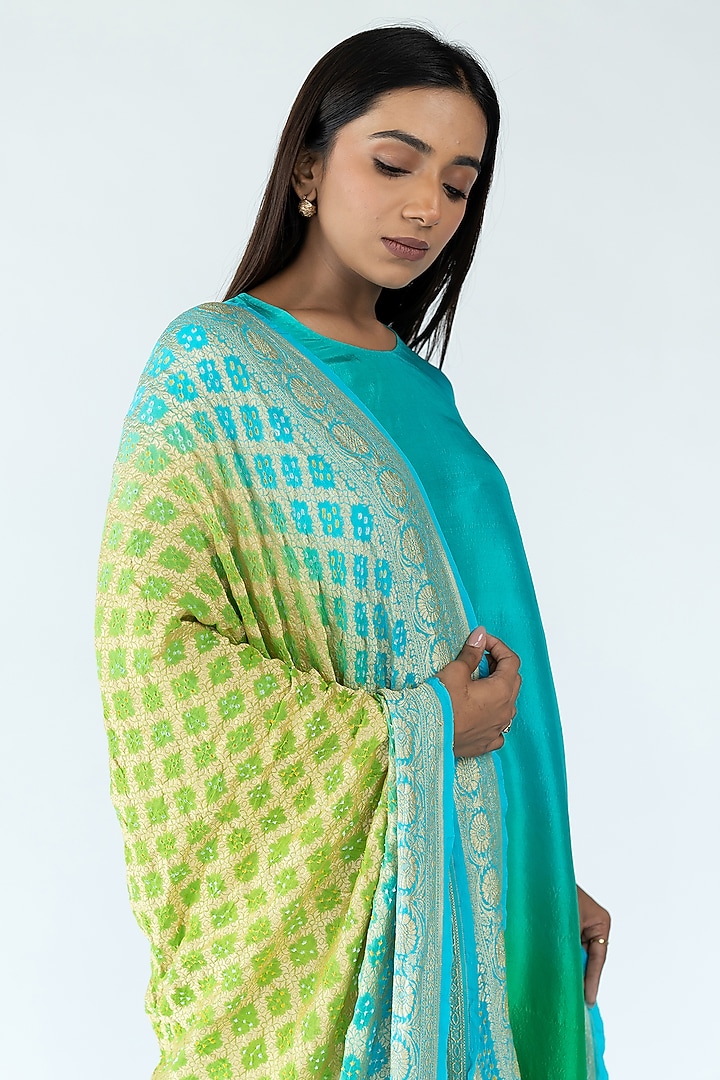 Bright Green & Peacock Blue Pure Silk Ombre Asymmetrical Kurta With Dupatta by Meghna Panchmatia at Pernia's Pop Up Shop
