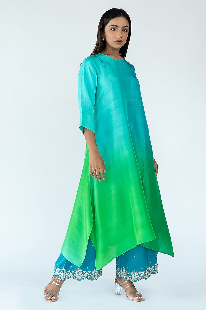 Bright Green & Peacock Blue Pure Silk Ombre Asymmetrical Kurta With Dupatta by Meghna Panchmatia at Pernia's Pop Up Shop