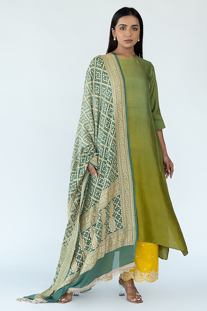 Sage Mustard Pure Silk Ombre Asymmetrical Kurta With Dupatta by Meghna Panchmatia at Pernia's Pop Up Shop