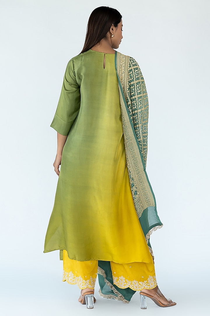 Sage Mustard Pure Silk Ombre Asymmetrical Kurta With Dupatta by Meghna Panchmatia at Pernia's Pop Up Shop