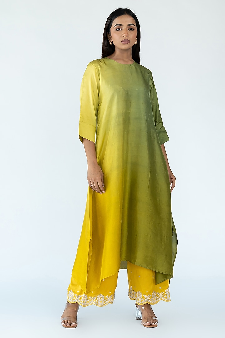 Sage Mustard Pure Silk Ombre Asymmetrical Kurta With Dupatta by Meghna Panchmatia at Pernia's Pop Up Shop