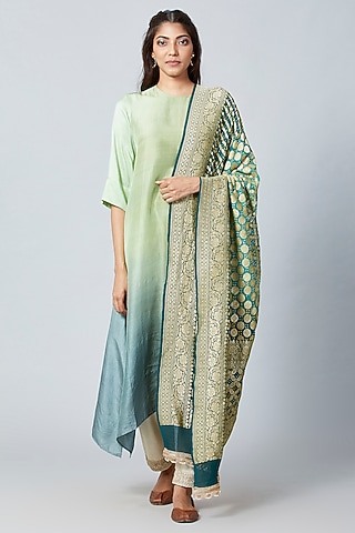 Olive Pista Green Pure Silk Ombre Asymmetrical Kurta With Dupatta by Meghna Panchmatia