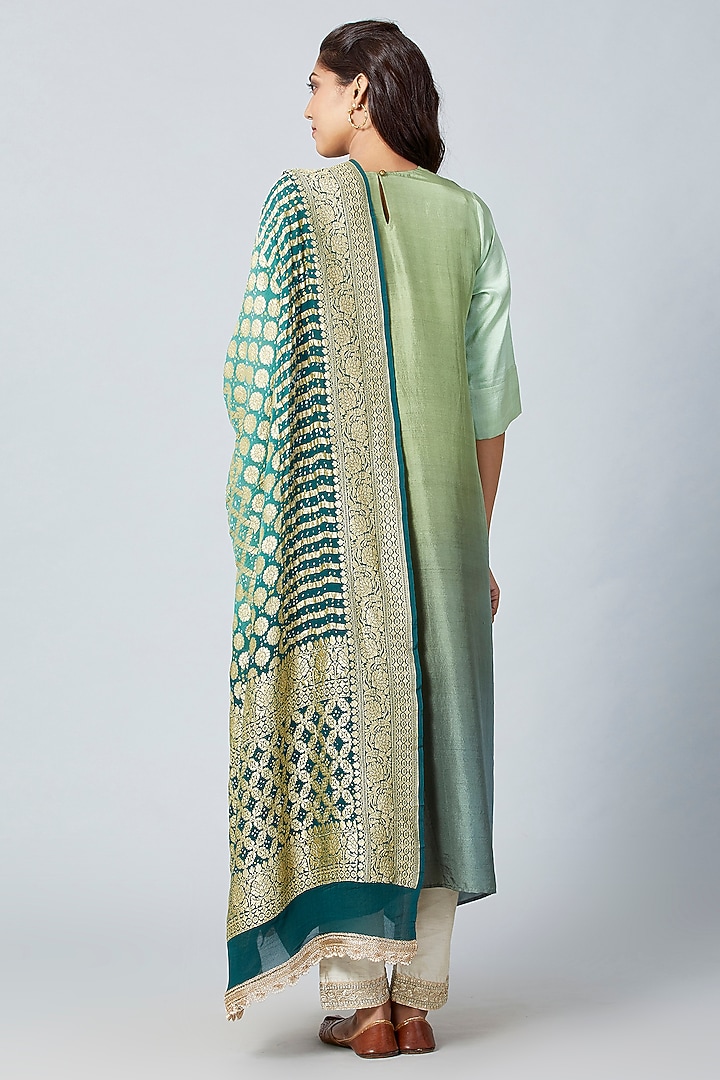 Olive Pista Green Pure Silk Ombre Asymmetrical Kurta With Dupatta by Meghna Panchmatia at Pernia's Pop Up Shop