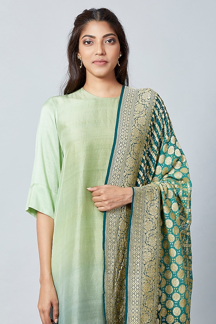 Olive Pista Green Pure Silk Ombre Asymmetrical Kurta With Dupatta by Meghna Panchmatia at Pernia's Pop Up Shop