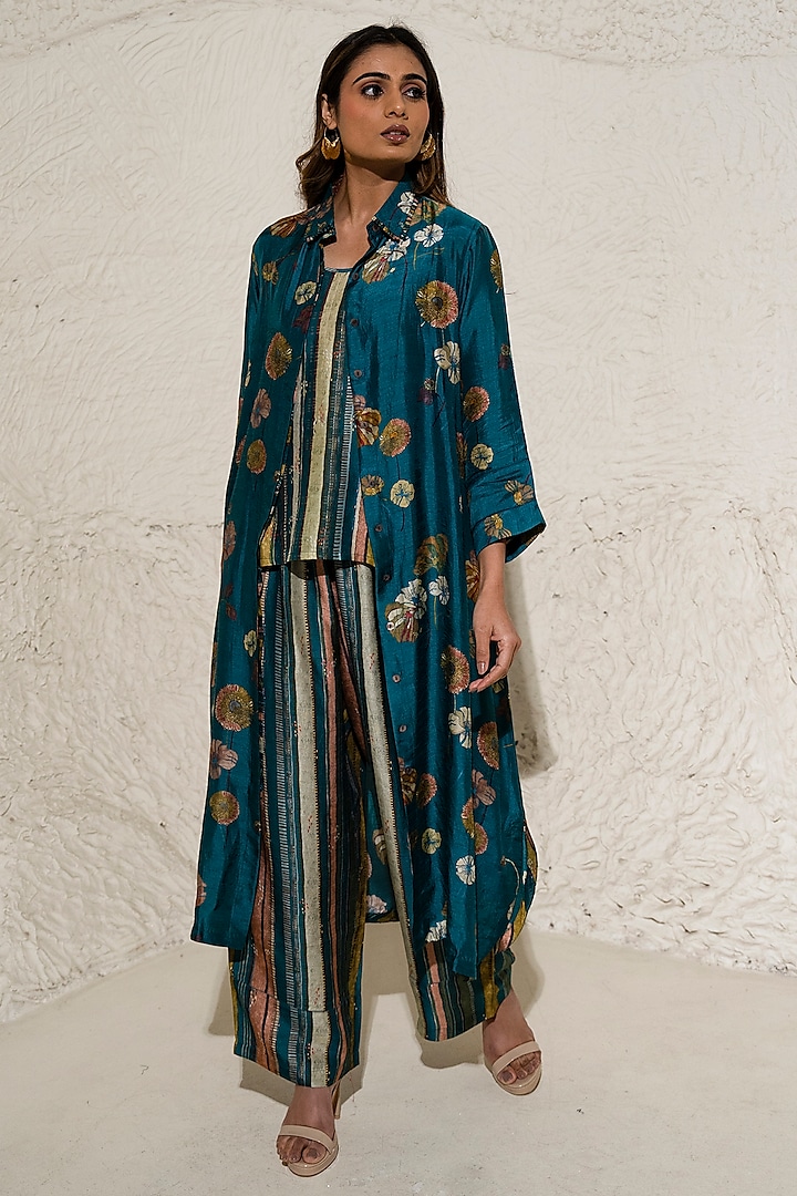 Green Silk Floral Jacket Set by Meghna Panchmatia at Pernia's Pop Up Shop