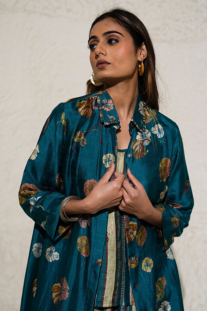 Green Silk Floral Jacket Set by Meghna Panchmatia at Pernia's Pop Up Shop