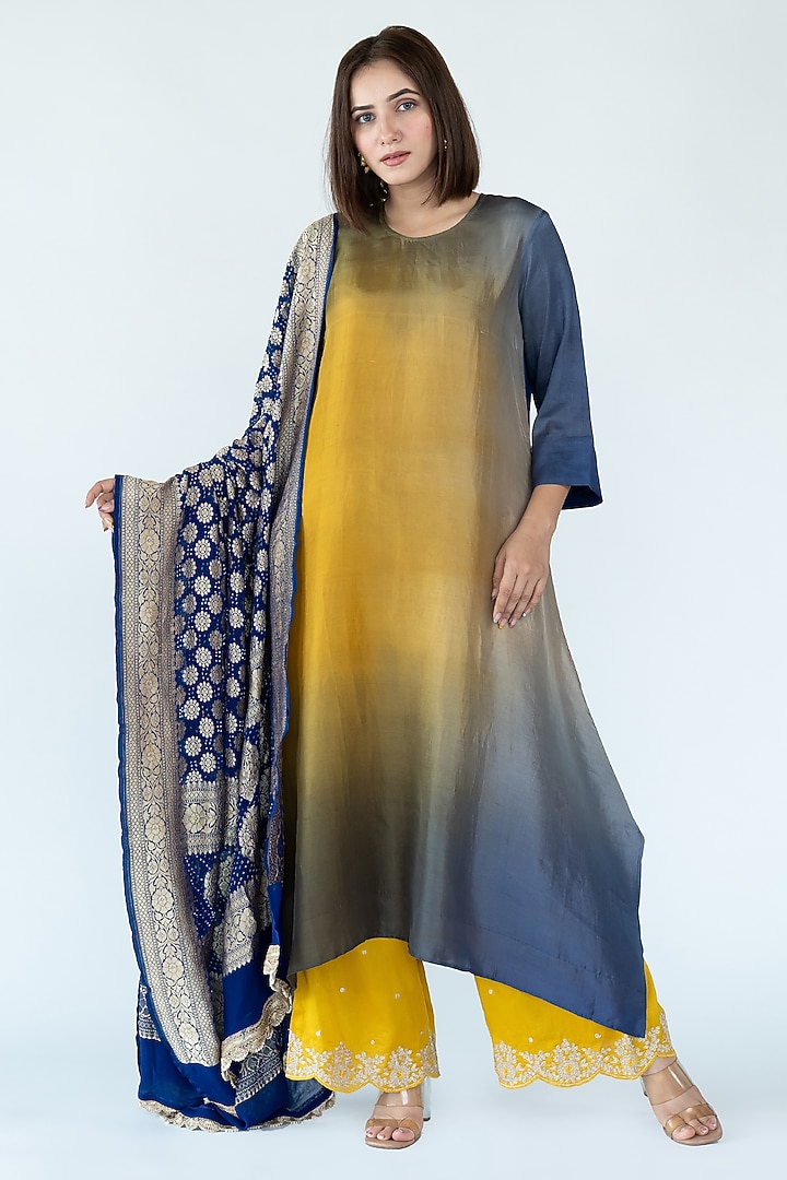 Yellow & Royal Blue Pure Silk Asymmetrical Ombre Kurta by Meghna Panchmatia at Pernia's Pop Up Shop