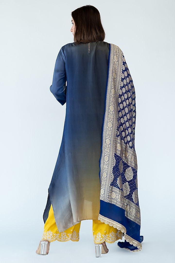 Yellow & Royal Blue Pure Silk Asymmetrical Ombre Kurta by Meghna Panchmatia at Pernia's Pop Up Shop