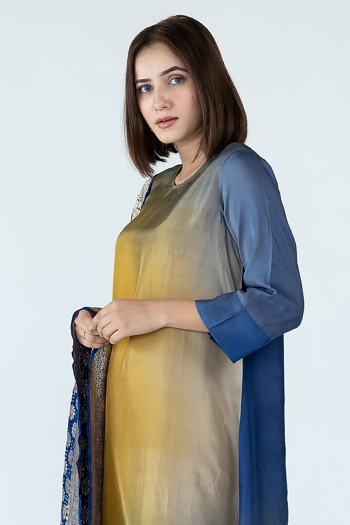 Yellow & Royal Blue Pure Silk Asymmetrical Ombre Kurta by Meghna Panchmatia at Pernia's Pop Up Shop