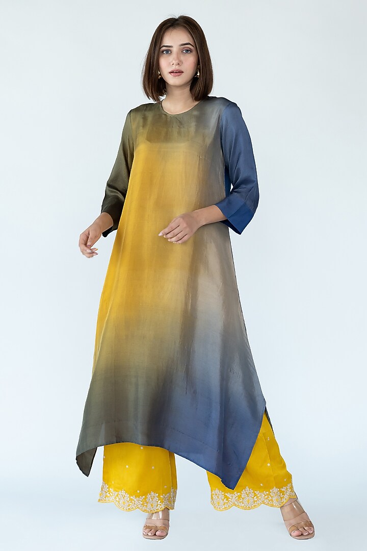 Yellow & Royal Blue Pure Silk Asymmetrical Ombre Kurta by Meghna Panchmatia at Pernia's Pop Up Shop
