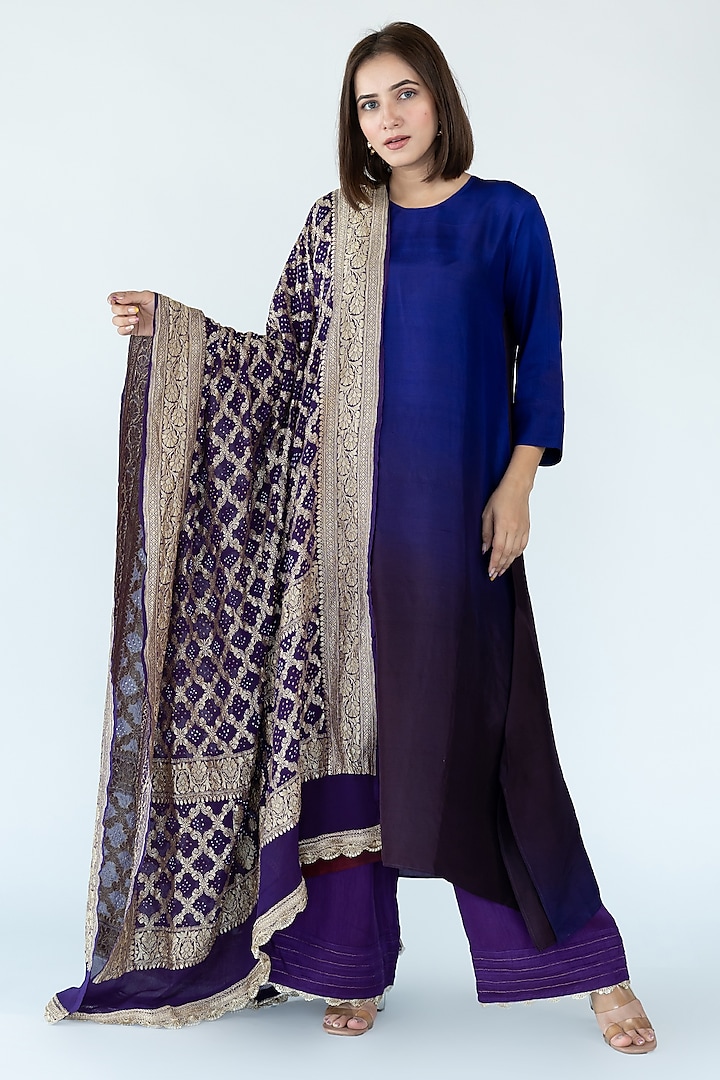 Deep Purple Pure Silk Asymmetrical Ombre Kurta by Meghna Panchmatia at Pernia's Pop Up Shop