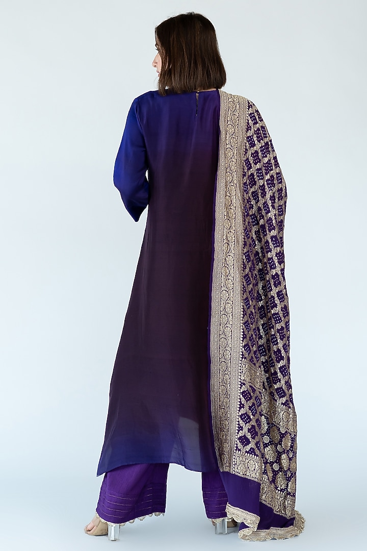 Deep Purple Pure Silk Asymmetrical Ombre Kurta by Meghna Panchmatia at Pernia's Pop Up Shop
